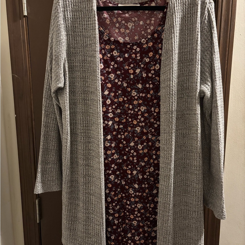 Wallflower Gray Sweater and Burgundy Floral Patterned Fabric